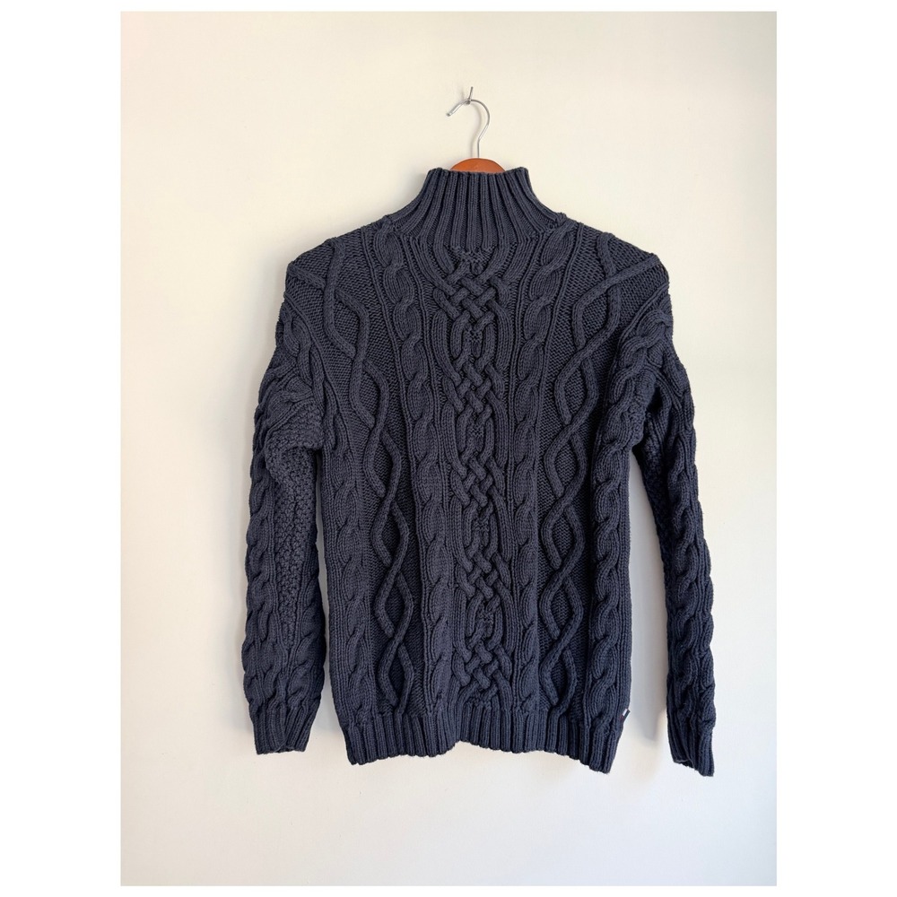Tommy Hilfiger Jeans Handknit Cable Knit Mock Neck Sweater Navy 100% Cotton L